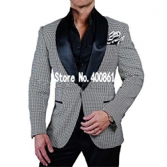 Side Vent One Button Houndstooth Groom Tuxedos Shawl Lapel Groomsmen Mens Wedding Suits Blazers (Jacket+Pants+Tie) W:496