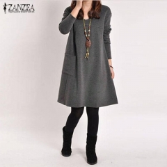 ZANZEA Autumn Winter Long Blusas 2019 Women Long Sleeve Pocket Dress Solid O Neck Casual Loose Dresses Vestidos Plus Size S-5XL