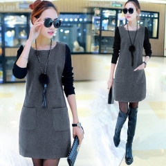 Women Fake Two Pieces Dress Pullover Round Neck Long Sleeves Autumn Outfits J9