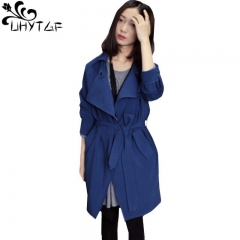 UHYTGF Spring Autumn Coat Women Plus size long Trench Coat Elegant Woman Trench Coats Korean Fashion Clothes For Casual Tops 314