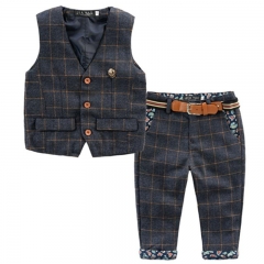 Children's wear 2019 autumn new Boys British Wind Set Children's plaid vest+Trousers with belt Gentleman suit