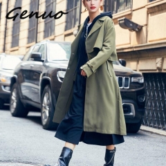 Genuo 2019 New Spring Fashion Casual Women's Green / Red Trench Coat Long Outerwear Loose Clothes For Lady With Belt