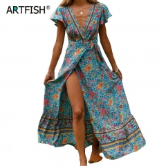 2019 Summer Dress Indie Folk Women Sexy Printed Bow Holiday Beach Wrap Dresses V-Neck Boho Dress Elegant Party Sundress M0511