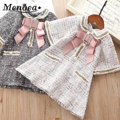 Menoea Kids Autumn Bow Dress 2019 New Autumn Children's Wear British Small Fragrance Girls Color Woolen Dress