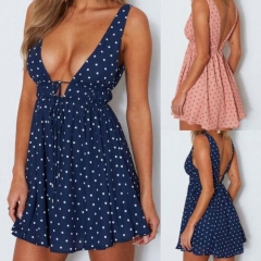 New Women Ladies Sleeveless Dot Deep V neck Summer Holiday Beach Mini Dress Sundress