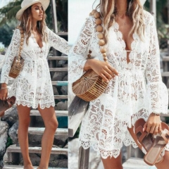 2019 New Sexy White Lace Dress Women Ladies Fashion Summer V Neck Sexy See Through Lace Bell Sleeve Holiday Beach Mini Dress