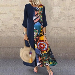 Women's Dress Loose Casual Stitching Print Maxi Dresses Round Neck Long Sleeve Bohemian Party Holiday Elegant Ladies Dress