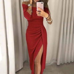 Fashion Women Boat Neck Glitter Dress Evening Party Formal Elegant Dress Sexy Split Long Dresses