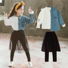 Autumn 2019 children's wear girls of mosaic smiling face shirt with skirt pants two-piece set of suit