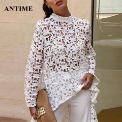 Antime Lace Hollow Out Dress Women Fashion Long Sleeve O Neck Asymmetrical Sexy Autumn Solid Midi White Dress Clothes