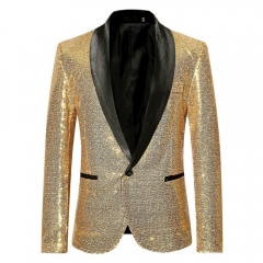 Shiny Gold Sequin Bling Glitter Suits&amp;Blazer Men 2019 New Shawl Collar Club DJ Mens Blazer Jacket Stage Clothers for Singers XXL