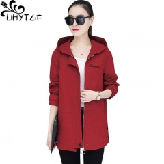 UHYTGF spring coats women Mid-length student Loose plus size tops outerwear fashion hooded casual trench coat female clothes 477