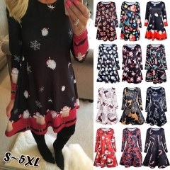 S-5XL Plus Size Christmas Day O Neck Long Sleeve Deer Snow Man Print Dress Women Clothes Casual Loose Knee Length Party Dresses