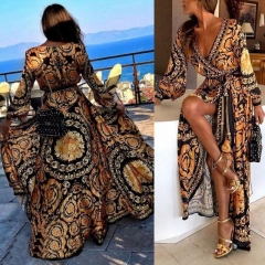 2019 Women Dress V Neck Loose Boho Vintage Maxi Dress Long Sleeve Floral Holiday Beach Evening Party Dress