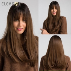 Element 18&quot; Long Synthetic Wig with Bangs Dark Root Ombre Color High Density Natural Headline Heat Resistant Hair Wigs for Women