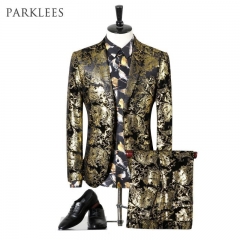 Paisley Wedding Suits Men Brand Design Black Gold Floral Tuxedo Men Slim Fit Mens Dress Suits Stage Costumes Jacket/Pants Men XL