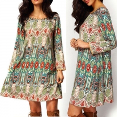 Women Ladies Summer Boho Chiffon Dress Party Long Sleeves Floral Loose Dress Beach Wear Sundress