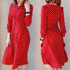 Flectit Vintage 80s Dress French Style Polka Dot Button Up Midi Dress Long Sleeve High Waisted Retro Holiday Dress Women