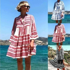 2019 New Womens Fashion Boho Geometric Print V Neck Ruffle Long Sleeve Stitching Sweet Mini Dress Loose Holiday Beach Sundress