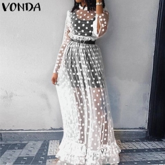 VONDA Holiday Lace Dress Bohemian Women Vintage Dot Print Hollow Floor-Length Dress 2019 Sexy Party Vestido Robe Femme Plus Size