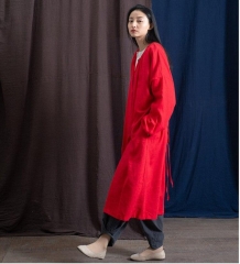 New spring Spring women's clothes washed bamboo linen coat loose tie outwear retro and long trench