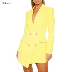 NIBESSER Women's Double Breasted Blazer Lapel Collar set Feminine V-neck Dress Button Pocket Dress VestidosLong Sleeve OL Blazer