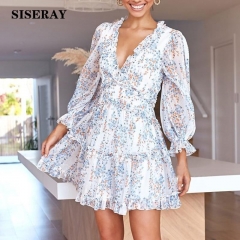 Sexy Back Open Floral Print Chiffon Dress Deep V Romantic Beach Holiday Dress Short Summer Dress Female Chic Boho Ruffle Dress