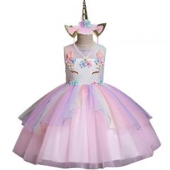 2019 unicorn summer new high-end children's princess dress baby rainbow mesh party dress girl role-playing pony children's wear