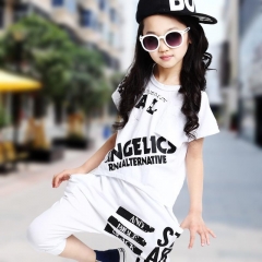 2018 Summer Fashion Children's Hip Hop Dance Wear Suit Kids Cotton Letter Print Round Neck Short Sleeve T-shirt+Harem Pants