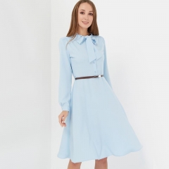 Women Vintage Bow Tie a Line Party Dress Ladies Long Sleeve Bow Collar Office Dress Elegant Autumn Knee Dress Female Solid Dress