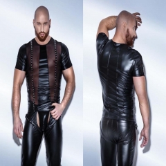 Sexy Men's Fun faux leather Black Mesh T-Shirt Tops Gay Wet Look Fetish Latex PVC DS Club Wear Catsuit Exotic pole dance Wear