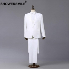 SHOWERSMILE White Formal Suit Jacket Men 3 Pieces Blazer+Pants+bowtie Spring Summer Performance Mens Coats Singer Stage Wear