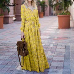 Bohemian Print Long Dress 2019 Celmia Women Elegant Sexy V neck Long Sleeve Maxi Dresses Lady Pleated Party Holiday Vestidos 5XL