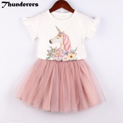 Children's suits girls clothes set 2018 new magical unicorn pattern white T-shirt lace skirt cute children's wear 3-7Y