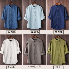 Originally Chinese Men's Summer Cotton, Linen Shirt, Standing Collar Button Seven-Sleeve Top, Multicolored Retro Men's Wear SA-8