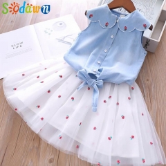 Sodawn Kid Clothes Girls' Petal Collar With Embroidered Flower Children'S Suit Children'S Wear Summer Set Girl