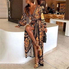 Bohemian Retro Floral Print Summer Dresses For Women Gold Color Long Sleeve V Neck Maxi Dress Women Beach Holiday Club Dresses