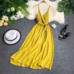 FTLZZ Sexy Backless Straps V-neck Dress Maldives Holiday Dress Women Solid Color Thai Seaside Maxi Long Big Swing Fairy Dress