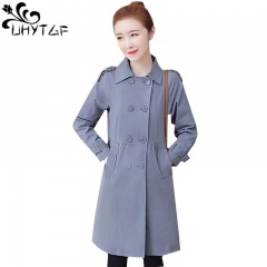 UHYTGF Women clothes 2019 spring autumn trench coat Double-breasted casual 3XL plus size outerwear long Windbreaker female 916