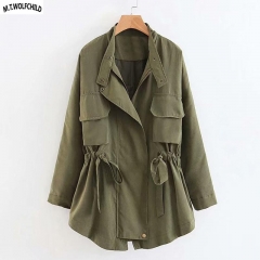 Fashion Casual Women's zipper Trench Coats womens Outerwear clothes for Elegant lady loose Army green coats Spring Autumn