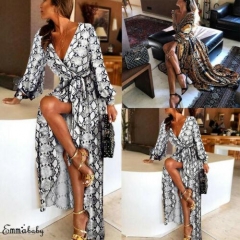 Womens Long Sleeve Leopard Split Sundress Lady Summer Holiday Long Maxi Dress