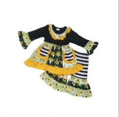 Sunflower Print Girl's Clothes Stitching Pocket Boutique Children's Wear High Quality Cotton Children's Wear