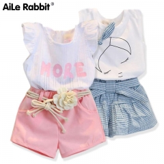 R&amp;Z Children's Set 2019 Summer New Girls Fashion Wear Cotton Set Letter Print Sleeveless Tops Shorts Belt Three-piece