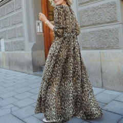 Women Autumn Winter Casual Dress 2019 V-Neck Leopard Print Zipper Long Sleeve Bohemian Long Maxi Dress Vestidos De Fiesta z0703