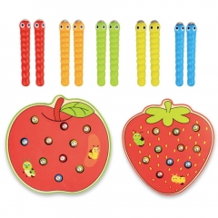 Apple Strawberry Kids Wooden Toys Catch Worms Games with Magnetic Stick Montessori Educational Creature Blocks Interactive Toys