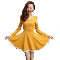 Autumn Winter 2018 Women Long Sleeve Patchwork yellow Dress 2018 Fall Fashion Casual Crochet Lace A-Line Mini Dresses