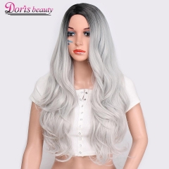 Doris beauty Synthetic Long Wavy Ombre Gray Wig for Woman Cosplay Wig Brown Red Black Blonde Heat Resistant Fiber