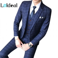 Three-piece Male Formal Business Plaids Suit for Men's Fashion Boutique Plaid Wedding Dress Suit  ( Jacket + Vest + Pants ) 2019