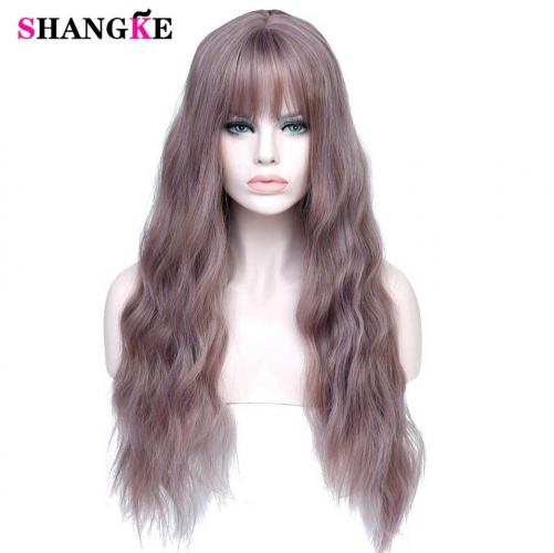 SHANGKE 26" Long Mix Purple Womens Wigs with Bangs Heat Resistant Synthetic Kinky Curly Wigs for Women African American