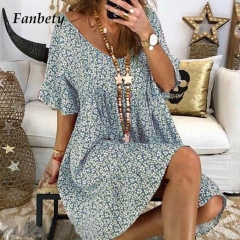 Fanbety Summer Women Holiday Beach Shirt Dress Sexy V neck Boho Floral print Flare Sleeve Dress Lady Party Mini Dress Plus Size